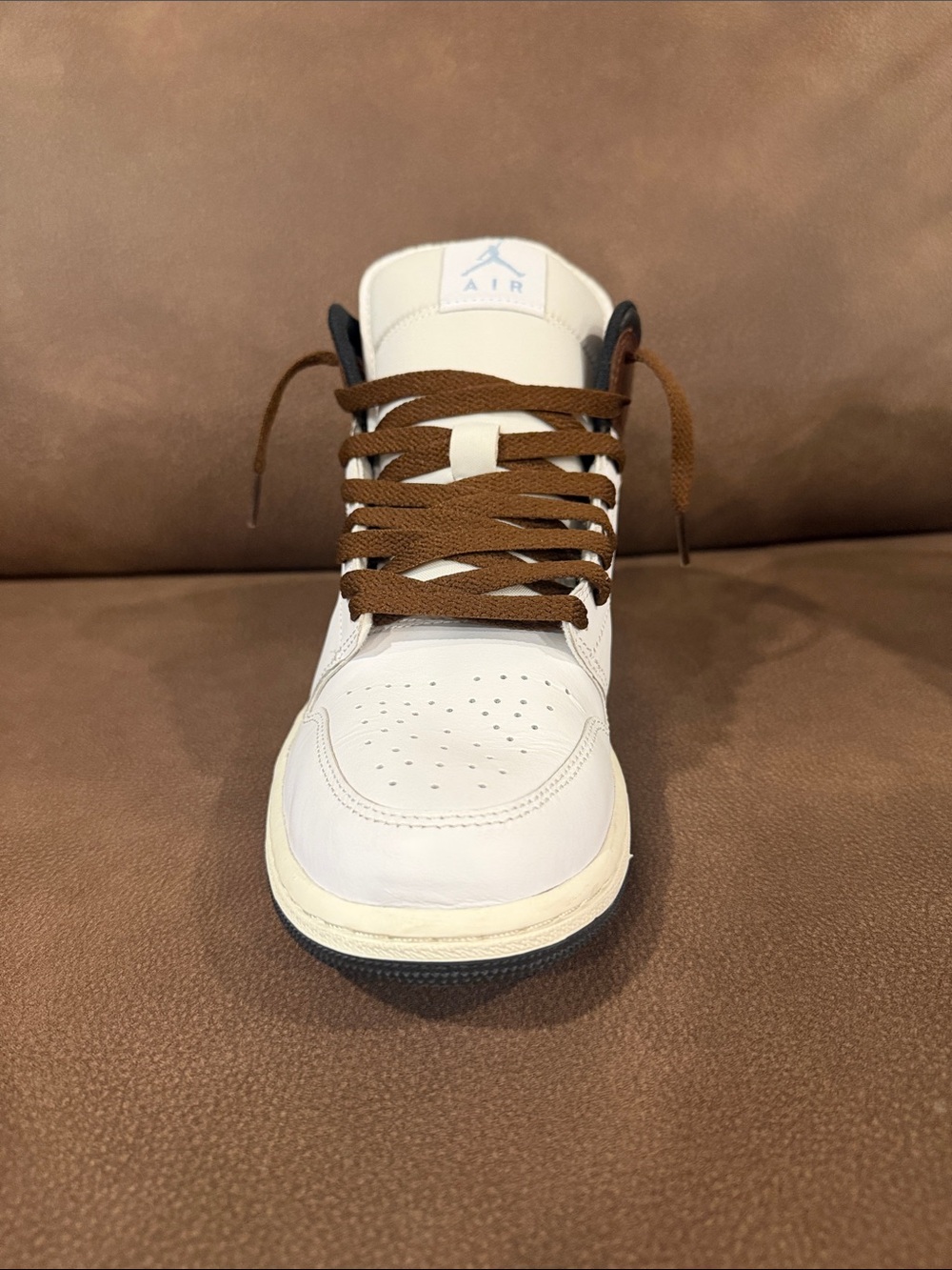 Jordan Mid Sneakers in White, Brown and Light Blue - Picture 9 of 9
